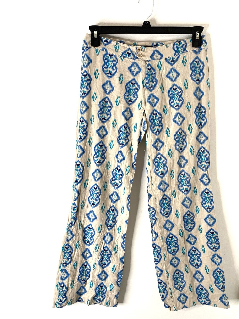 Willi Smith Linen Blend Wide Leg Crop Pants Blue Ikat Print Boho Resort